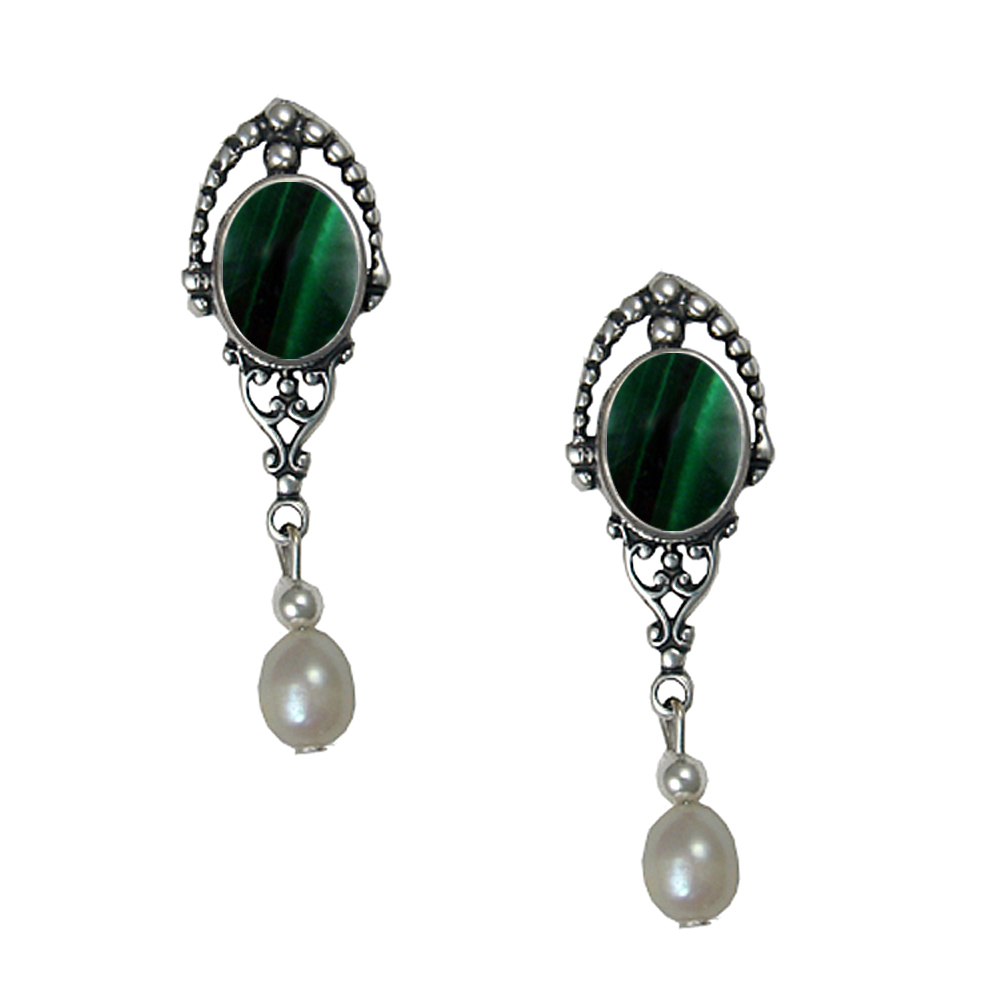 Sterling Silver Cultured Freshwater Pearl Drop Dangle Earrings With Malachite